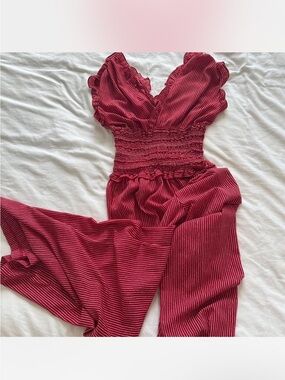 Max Studio Burgundy Red Striped Smocked Jumpsuit